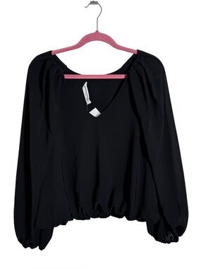 Amanda Uprichard Black Chiffon Puff Sleeve Blouse Elastic Hem Size M